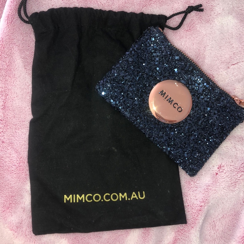 MIMCO Navy Glitter Zip Pouch with Rose Gold Accent
